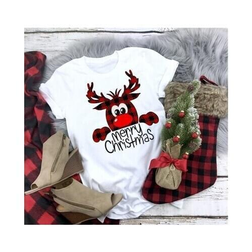 Fashion Clothing Merry Christmas T-Shirt Buffalo Plaid Reindeer Christmas Holiday gift Tee Unisex Casual Stylish Tops Camisetas