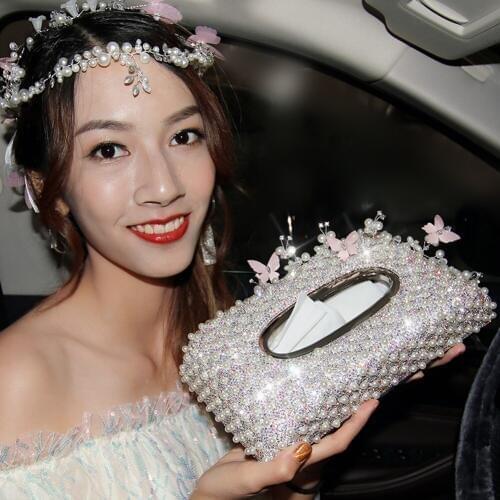 Fashion Lady Pearl Bling Diamond Rhinestone Car Tissue Box Cover Case