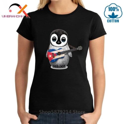 Nostalgic Style Summer Tops New Cuba Fans Cheer Tshirts Women Penguin Guitar Cuba National Flag Design Tee Shirts Cotton T-shirt