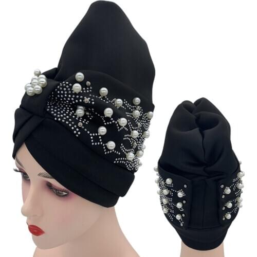 Latest Design African Auto Gele Aso Oke Headtie Muslim Turban Caps with Pearls Headwrap for Women Wedding Party Cap Headwear