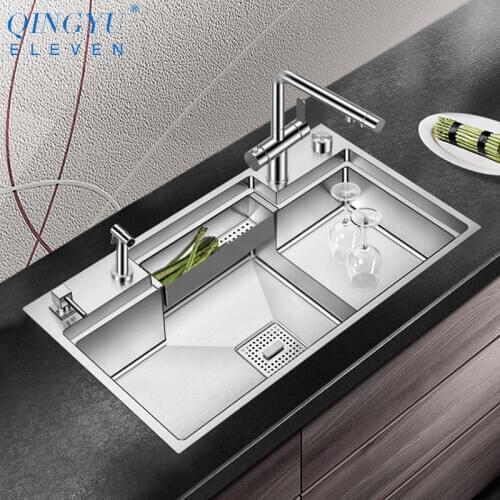 2021 New Handmade Brushed Stepped Kitchen Sink 4mm Thickness 220mm Depth Large Size Single Kitchen Stepped Sink