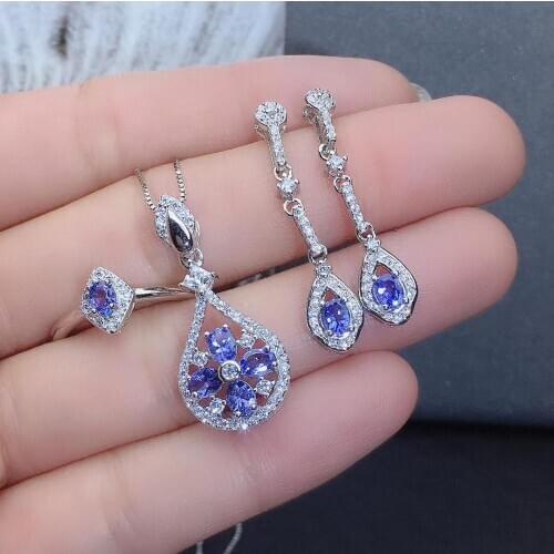 New Arrival Real Natural Natural Tanzanite Set 925 Sterling Silver 1 tanzanite pendant, 1 tanzanite ring, 2 tanzanite earrings