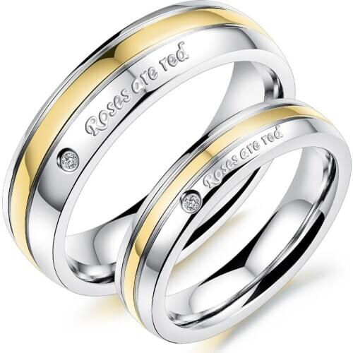 Lovers' Wedding Ring Couple Jewelry Stainless Steel Finger Rings Blue/Golden Ring Sets Men Women Ring W/ Cubic Zirconia GJ192