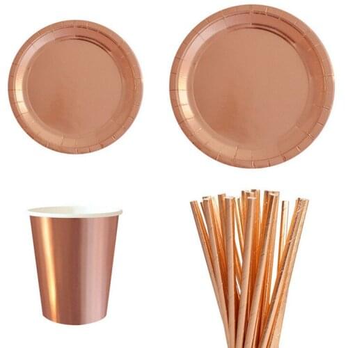 Disposable Rose Tableware Birthday Wedding Party Supplies Paper Straws Plates Cups Cake edge Christmas New Year Party Tableware