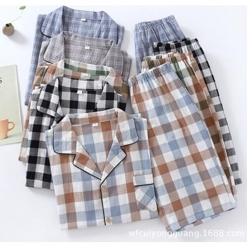 Couple Gauze Pajamas Short Sleeve Lounge Wear Cotton Plaid Pyjamas Women and Men Sleepwear Shorts 2 Piece Pijama Home Clothes