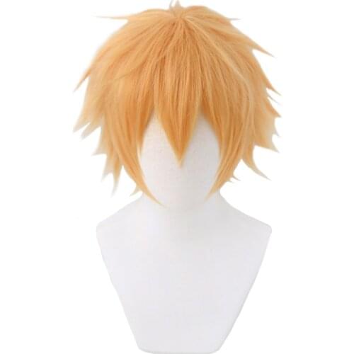 Chainsaw Man Denji Cosplay Wig Golden 30cm Short Heat Resistant Fiber Hair Halloween Party Men Role Play + Wig Cap