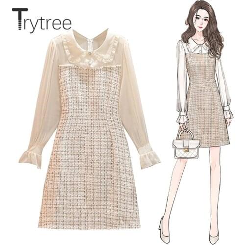 Trytree AW Women Dress Casual Peter Ruffles Pan Collar Patchwork Above Knee Dresses Office Lady Butterfly Sleeve A-line Dress