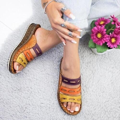 Chic Summer Women Lady Fashion Three-Color Stitching Color Casual Low Wedge Heel Beach Open Peep Toe Sandals Slippers Shoes