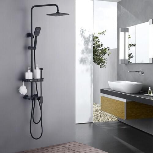 Black Bathroom Shower Faucet Set Top quality Multi-function Cold and hot water mixer faucet with shelf brass handheld spray