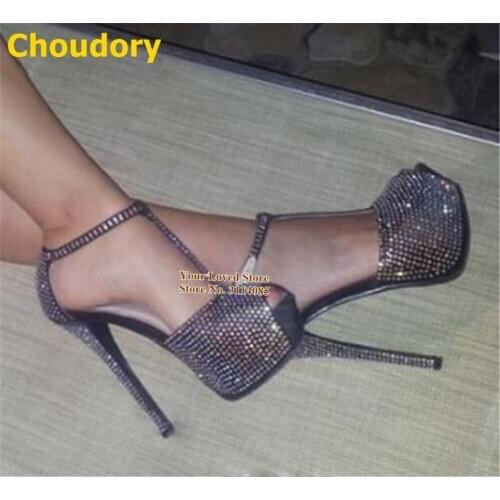 Choudory Bling Bling Crystal High Heel Shoes Open Toe T-bar Rhinestone Wdding Pumps Stiletto Heels Platform Women Shoes Dropship