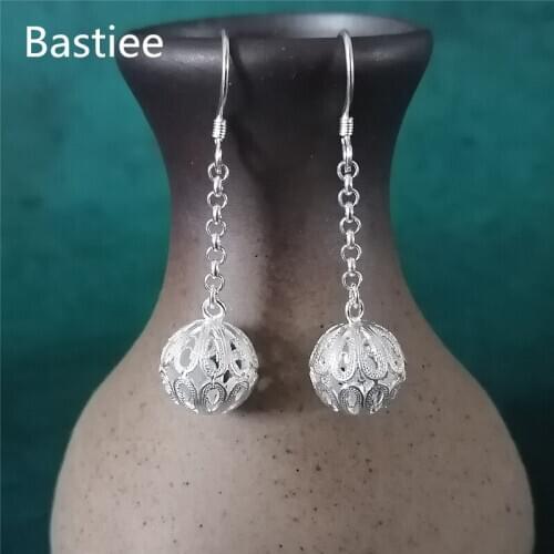 Bastiee Ball Drop Earrings For Women 999 Sterling Silver Jewelry Luxury Fine Round Dangle Earring Hmong Handmade Gift Christmas