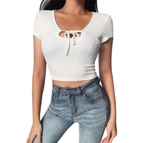 Women Summer Slim Short T-shirt Drawstring V Neck Solid Color Knit Pullover Tee Tops V-neck Drawstring Neckline Knitted T-shirt
