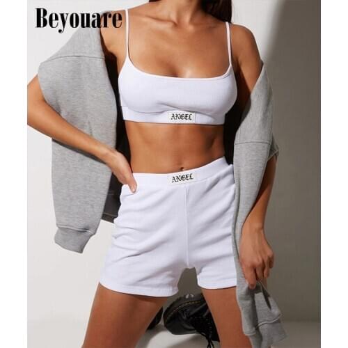 Beyouare women sexy ribbed knitted two piece set summer backless cami top and high waist hot shorts solid slim skinny women sets