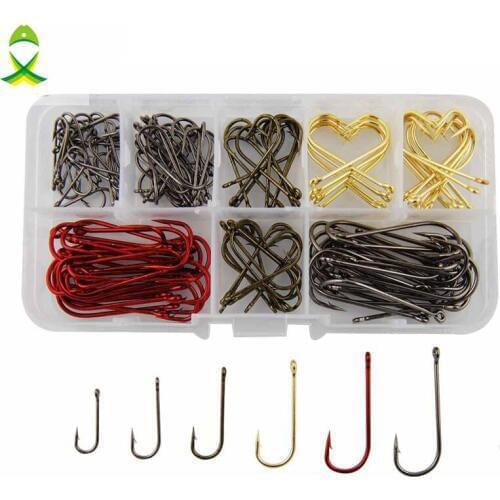 JSM 150pcs 9146 High Carbon Steel Fishing Hooks Red Black Gold Tea Aberdeen Bait Fishhooks Set With Box Carp Fishing Accessories