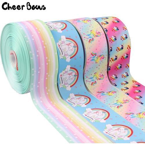 2Yards Cartoon Printed Grosgrain Ribbons Single Face 100% Polyester Colorful Unicorn 75mm Printed Ribbons 4 Colors