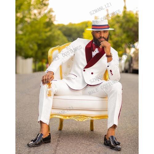 2020 White Burgundy Velvet Lapel Men Suits Double Breasted Groom Smoking Prom Best Man Blazer Slim Fit Men Wedding Suits Tuxedo