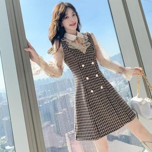 2021 Autumn Sequin Embroidery Mesh Stitching Houndstooth Dress Womens double breasted Doll Collar Ruffles Chic Dress