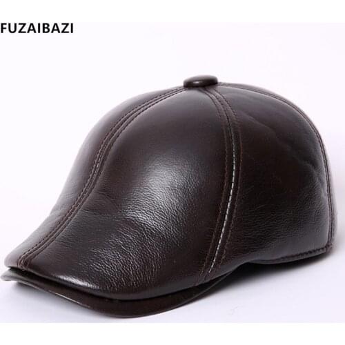 FUZAIBAZI New Mens Genuine Leather Berets Autumn Winter Middle-Aged Fashion Keep Warm Plus Fleece Ear Protection Peaked Cap