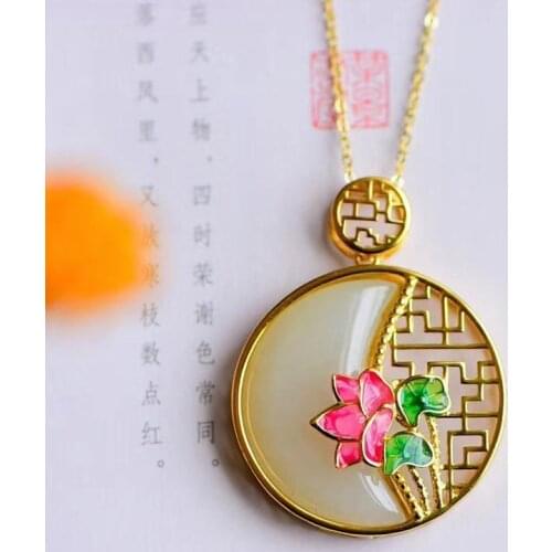 Hetian S925 Silver Lotus Pond Moonlight Lotus Leaf Lotus Burnt Blue Ancient Style Chinese Style Retro Necklace Exquisite Pendant