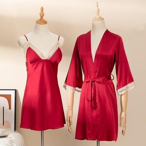 Bride Bridesmaid Robe Set 2PCS Sexy Satin Lace Kimono Gown Womens Summer Casual Thin Bathrobe Sleeveless Strap Solid Sleepwear