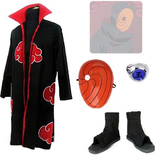 Free shipping Anime Uzumaki Naruto Akatsuki Obito Uchiha Cosplay Costume Full Set coat+mask+shoes+ring
