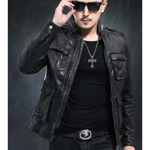 2019 New Mens Sheepskin Motorcycle Leather Clothing Black Male Slim-fit Collar Genuine Leather Jacket Thin Real Leather Coat