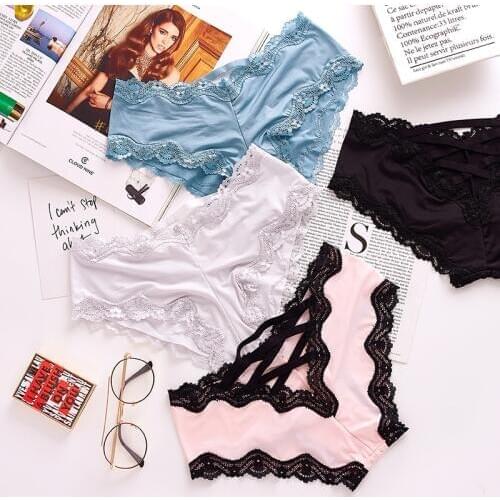 Fashion Back Bandage Design Satin Sexy Lace Panties Women Solid Seamless Underwear Cute Lingerie Briefs Thongs String