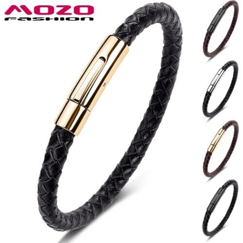 MOZO FASHION Classic Men Charm Fine Bracelets High Quality Genuine Leather Rope Braided Simple Style Punk Women Jewelry 601