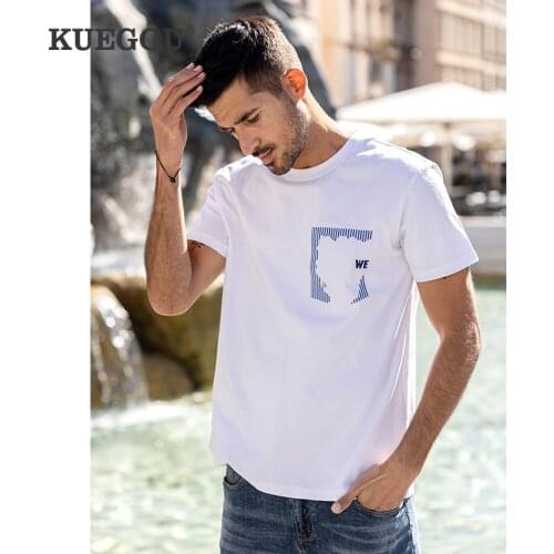 KUEGOU 100%Cotton Clothing Mens T-shirt Short Sleeve Fashion Striped Print Tshirt Summer Tee High Quality Top Plus Size 20536