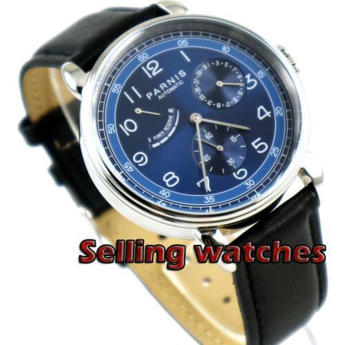 Solid 42mm PARNIS mens watch DATE Power reserve blue dial polished case Automatic movement wrist watch