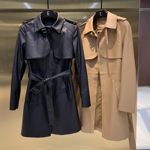 Top quality Sheepskin Real leather belt overcoat 2020 Autumn Womens Genuine leather Trench coat C489