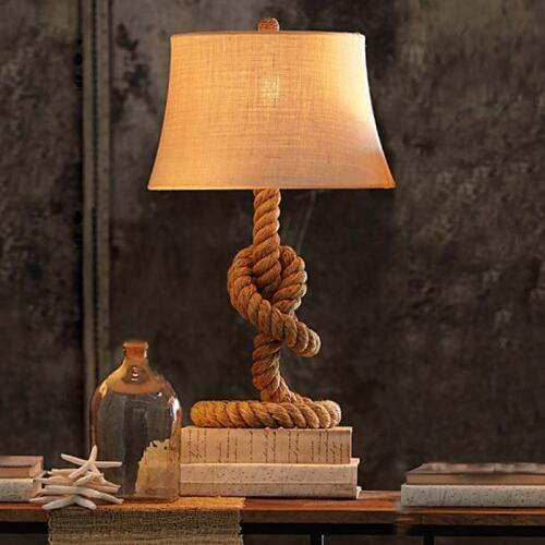 American countryside hemp rope desk lamp. Retro table lamp bedroom bedside lights, Vintage Bar Cafe studyroom iron lamp