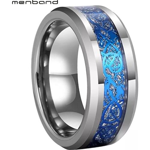 Tungsten Wedding Ring Dragon Ring For Men And Women With Meteorite And Blue Dragon Inlay 8MM Comfort Fit