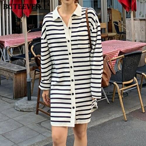 BGTEEVER Casual Lapel Women Striped Knitted Dress Long Sleeve Loose Female Single-breasted Short Dresses Ladies Vestidos 2021