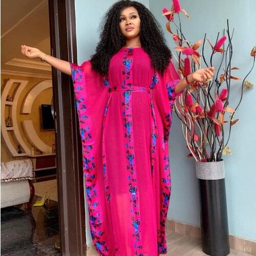 DOIB African Dresses for Women Chiffon Batwing Hot Drill Bead Rhinestone Kaftan Dashiki Clothes Abaya Dubai Robe Inner Dress