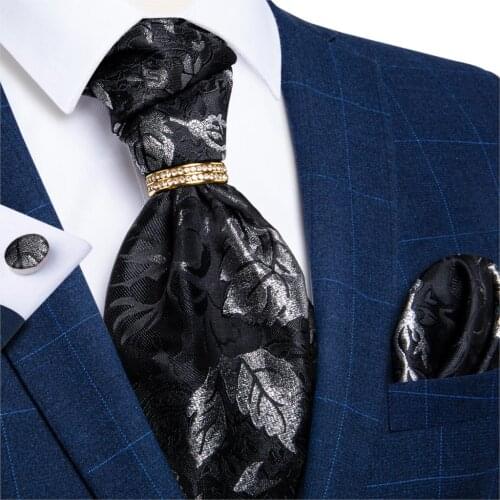 Silver Leaf Black Fashion Men Ascot Cravat Ties Self British Style Gentleman Polyester Ascot Neck Tie Luxury Tie Ring DiBanGu