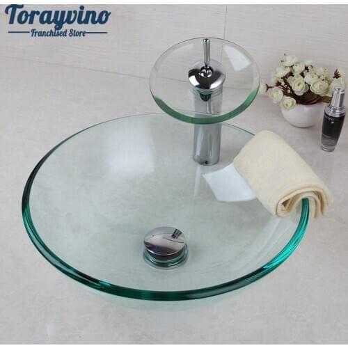Washroom Vessel Vanity Sink Mixer Wash Hand Basin Faucet Set with Drain Set Transparent Tempered Glass Countertop Sinks Bathroom
