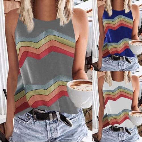 Rainbow Fashion Summer Casual Sleeveless T-shirt Loose Pullovers Women Elegant Round Neck Vintage Stripe Print Streetwear Tops