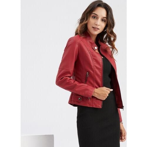 Women Leather Jackets Slim Fit Stand-up collar Zip Up Short Biker Jackets PU Blazers