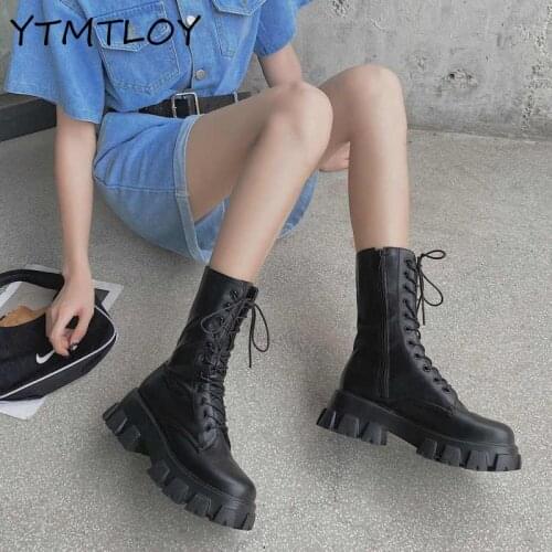 Lace-up Korean Style Cross Strap Waterproof Platform Ladies Street Wear New Natural Leather Round Toe High Heels Womens Boots