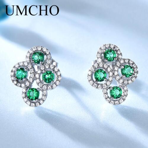 UMCHO Luxury Real 925 Sterling Silver Jewelry Created Russian Emerald Classic Stud Earrings For Women Elegant Mothers Day Gifts