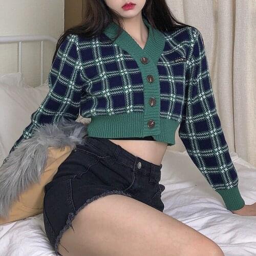 NCLAGEN Women Knitwear Top 2020 Autumn Winter Single Breasted Plaid V Neck Cardigans Sweater Cropped Tops Girl Preppy Outwear
