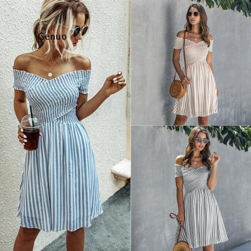 Casual Summer Women Striped Print Short Sleeve High Waist Sexy Dresses Slim Backless Slash Neck Strapless Street Short Dresses