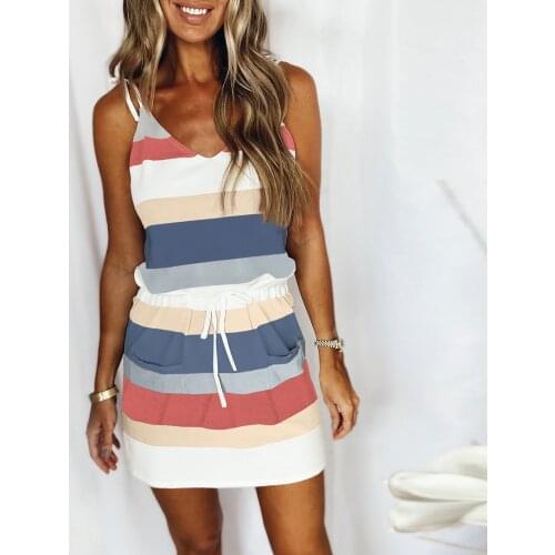 Mini Sexy Dress 2021 Women Stripe Drawstring Dress Summer Loose Sleeveless Dress Womens Comfortable Casual Outfits Wear