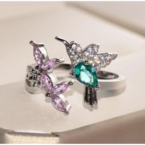 Mutticolor Butterfly Shape Wedding Rings for Women with Silver Color Zirconia Adjustable Engagement Ring Jewelry Accessories