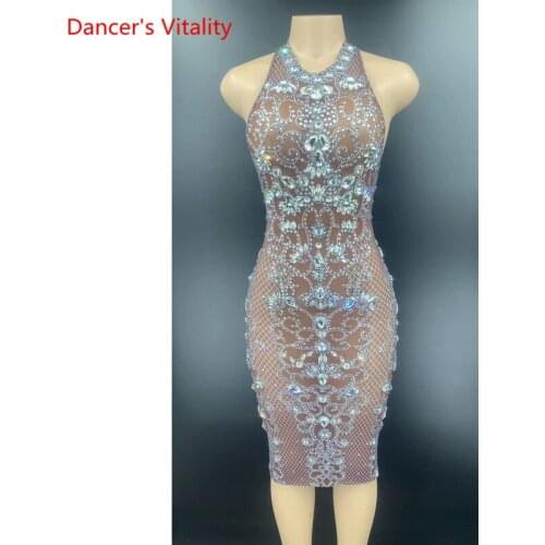 Tan Color Mesh Silver Rhinestones Transparent Sexy Halter Dress Birthday Celebrate Sleeveless Dress See Through Women Dress