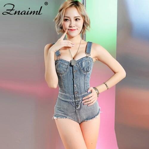 Znaiml Beach Slim Denim Jumpsuit For Women Strap Sleeveless High Waist Sexy Bodysuit Female Playsuits Nightclub Clothing Summer