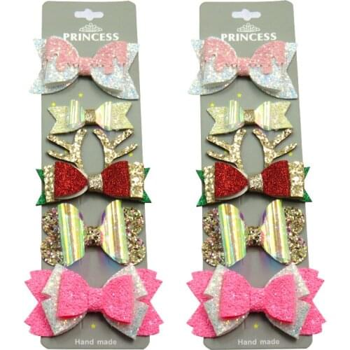 10PCS/SET Pretty Christmas Elk Baby Girls Clip Leather Bow Child Tie Knot Creativity Handmade Hairpins Hair Accessories For Kids