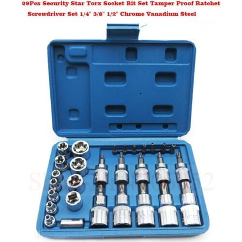 29Pcs Security Star Torx Socket Bit Set Tamper Proof Ratchet Screwdriver Set 1/4" 3/8" 1/2" Chrome Vanadium Steel