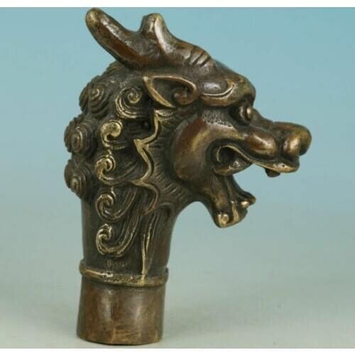 Asian Chinese Old Bronze Hand Carved Dragon Statue Walking Stick Head Statues